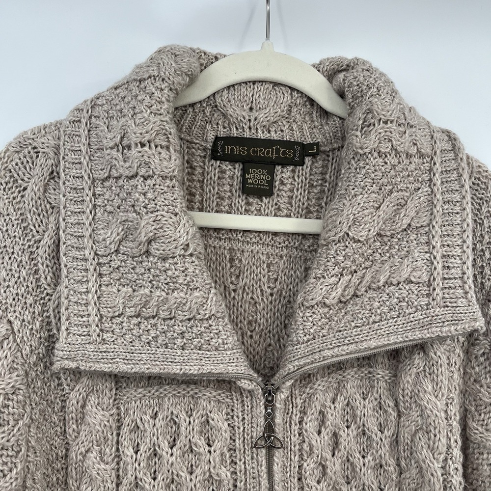 inis crafts merino 100% wool Sweater L Tan Long Full Zip Cable Knit Ireland Boho - Picture 2 of 12